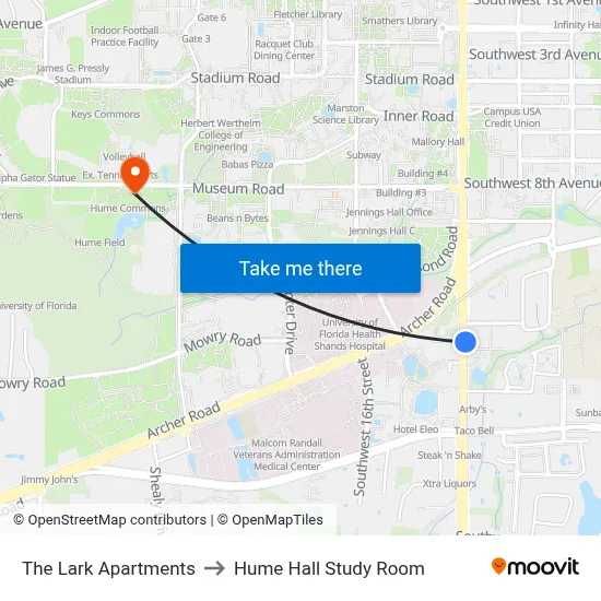 The Lark Apartments to Hume Hall Study Room map