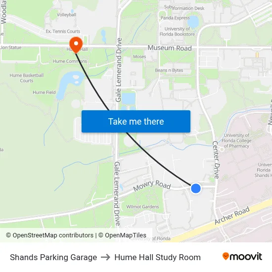 Shands Parking Garage to Hume Hall Study Room map