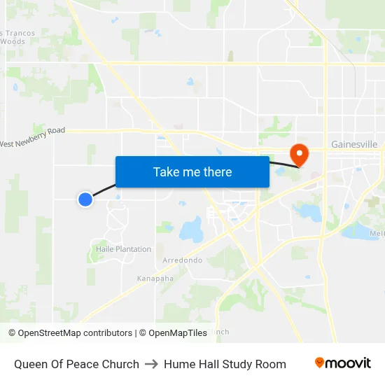 Queen Of Peace Church to Hume Hall Study Room map