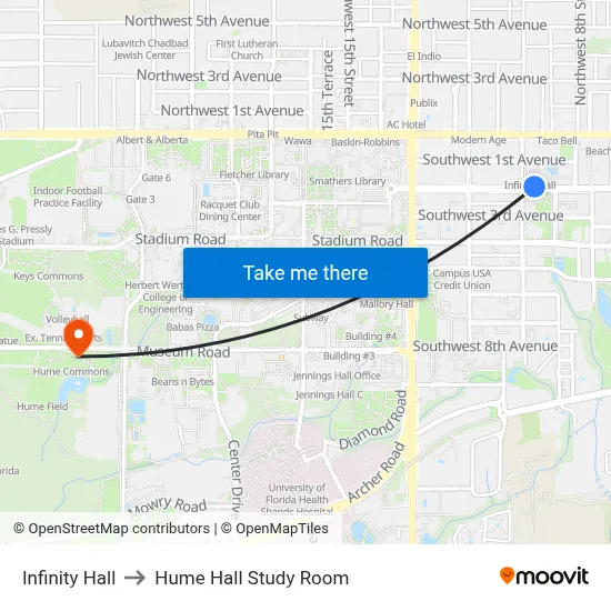 Infinity Hall to Hume Hall Study Room map