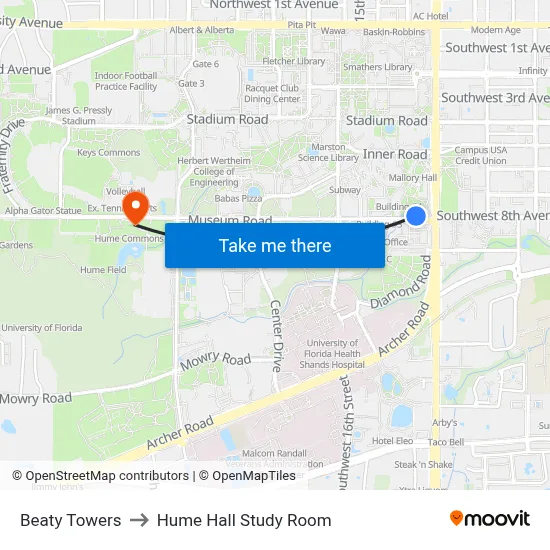Beaty Towers to Hume Hall Study Room map
