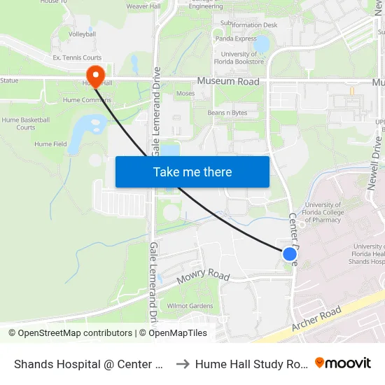 Shands Hospital @ Center Drive to Hume Hall Study Room map