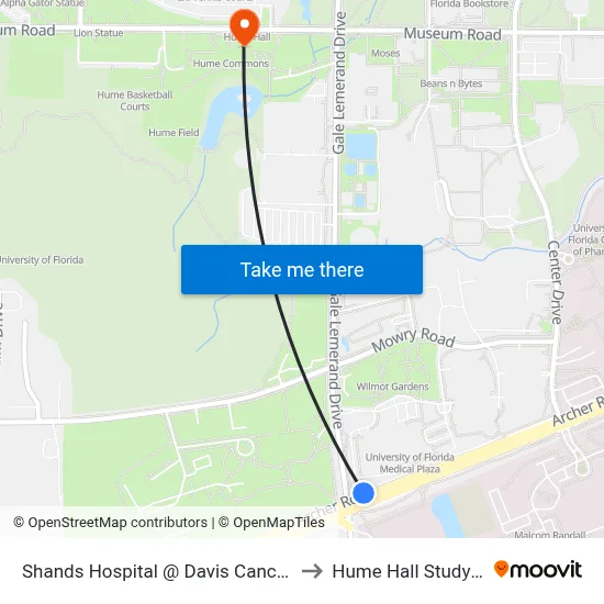 Shands Hospital @ Davis Cancer Pavilion to Hume Hall Study Room map