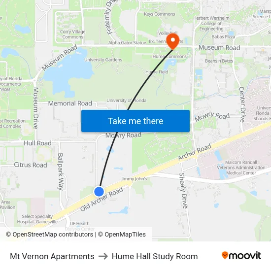 Mt Vernon Apartments to Hume Hall Study Room map