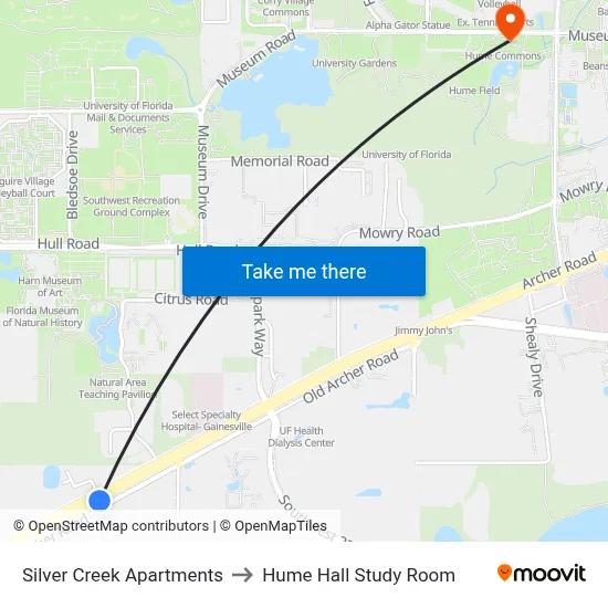 Silver Creek Apartments to Hume Hall Study Room map
