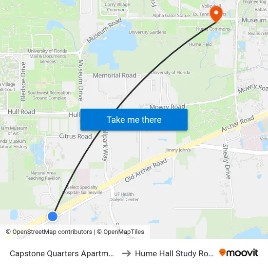 Capstone Quarters Apartments to Hume Hall Study Room map