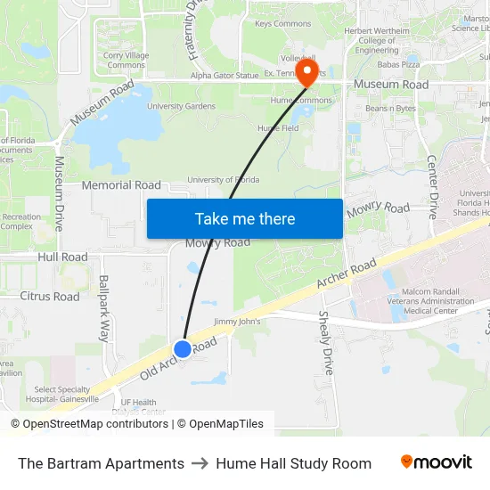 The Bartram Apartments to Hume Hall Study Room map