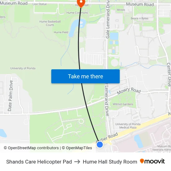Shands Care Helicopter Pad to Hume Hall Study Room map