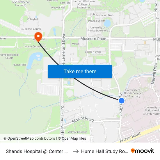 Shands Hospital @ Center Drive to Hume Hall Study Room map