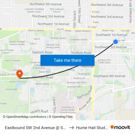 Eastbound SW 2nd Avenue @ SW 10th Street to Hume Hall Study Room map