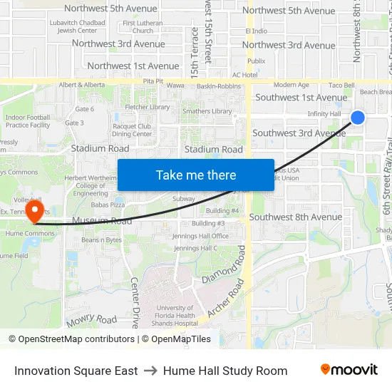Innovation Square East to Hume Hall Study Room map