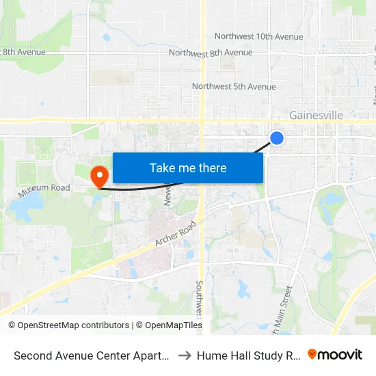 Second Avenue Center Apartments to Hume Hall Study Room map
