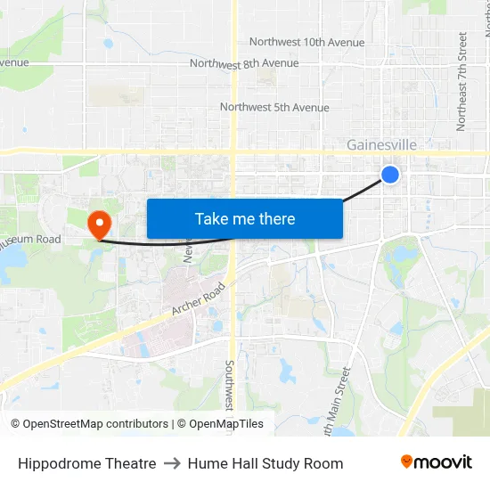 Hippodrome Theatre to Hume Hall Study Room map