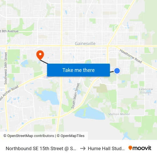 Northbound SE 15th Street @ SE 13th Place to Hume Hall Study Room map