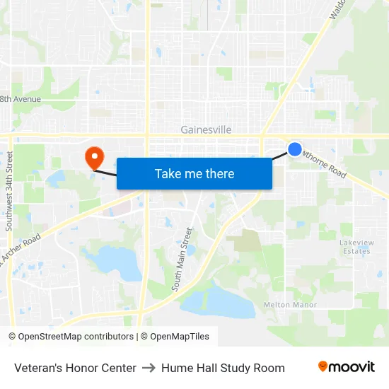 Veteran's Honor Center to Hume Hall Study Room map