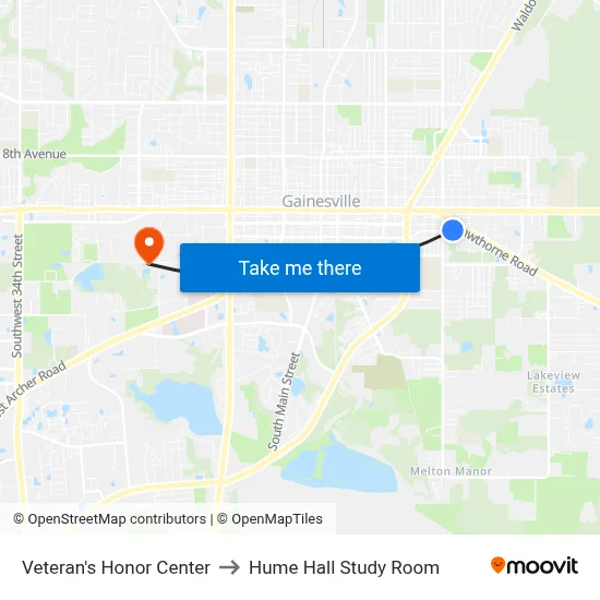 Veteran's Honor Center to Hume Hall Study Room map