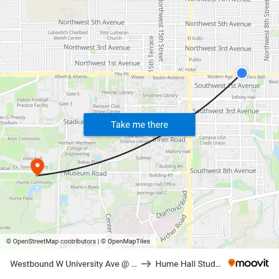 Westbound W University Ave @ NW 10th St to Hume Hall Study Room map