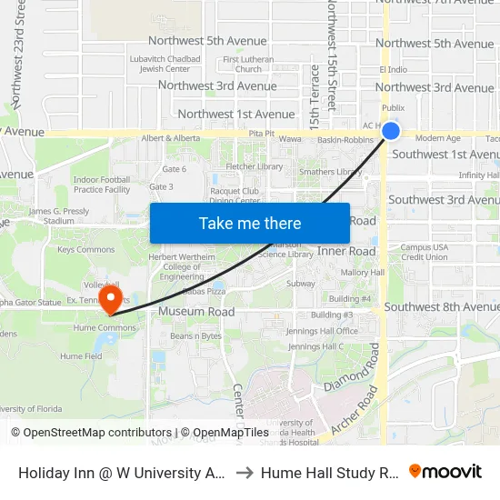 Holiday Inn @ W University Avenue to Hume Hall Study Room map