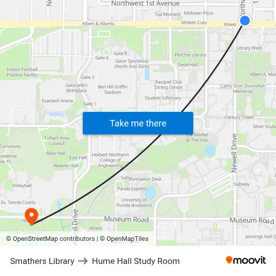 Smathers Library to Hume Hall Study Room map