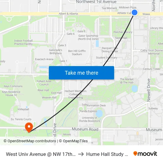 West Univ Avenue @ NW 17th Street to Hume Hall Study Room map