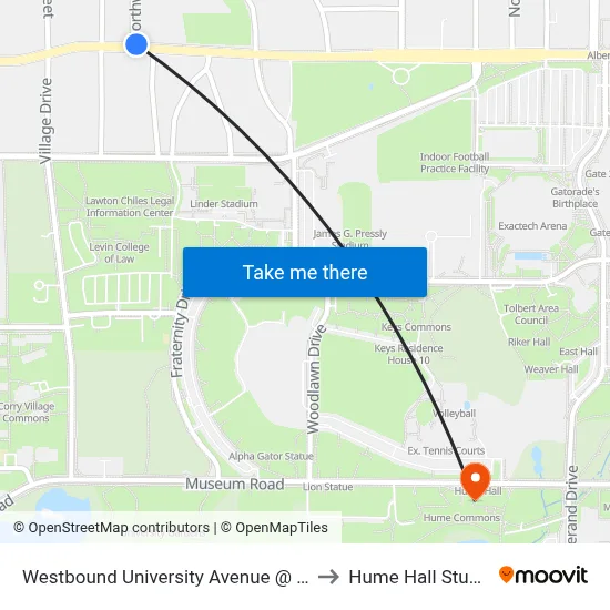 Westbound University Avenue @ NW 23rd Drive to Hume Hall Study Room map
