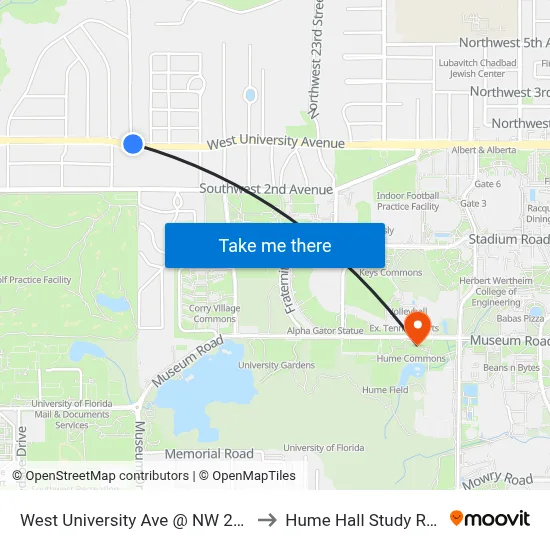 West University Ave @ NW 28th St to Hume Hall Study Room map