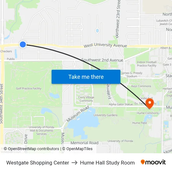 Westgate Shopping Center to Hume Hall Study Room map
