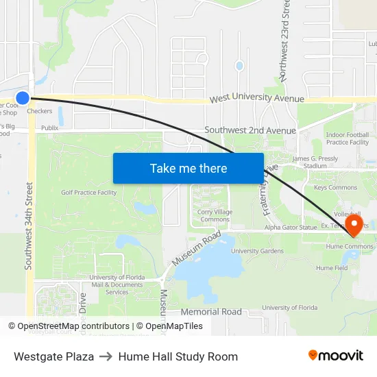 Westgate Plaza to Hume Hall Study Room map
