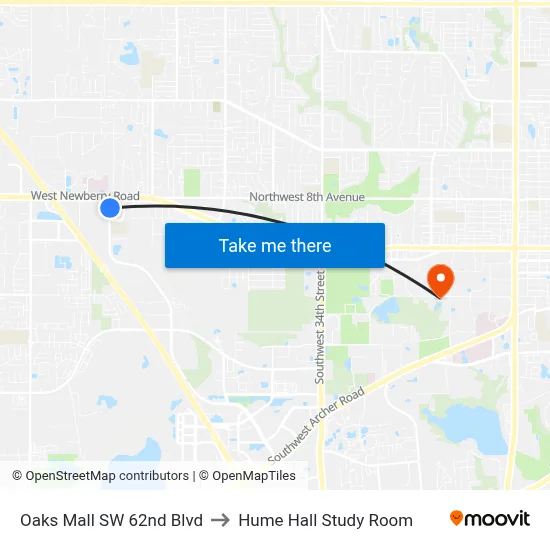 Oaks Mall SW 62nd Blvd to Hume Hall Study Room map