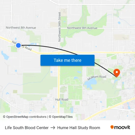 Life South Blood Center to Hume Hall Study Room map