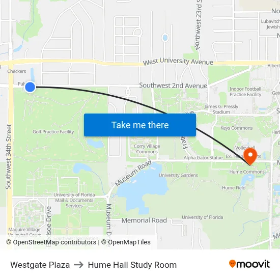 Westgate Plaza to Hume Hall Study Room map