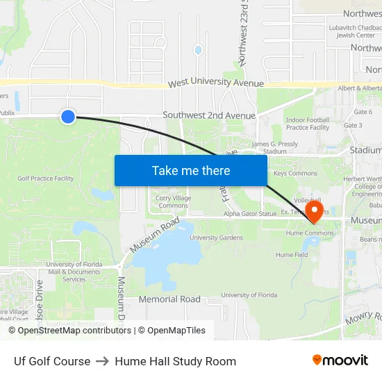Uf Golf Course to Hume Hall Study Room map