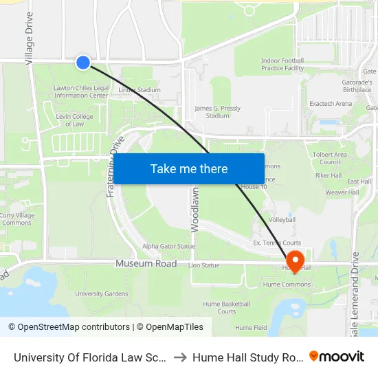 University Of Florida Law School to Hume Hall Study Room map