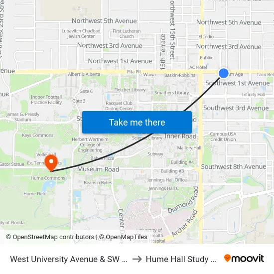 West University Avenue & SW 12th St to Hume Hall Study Room map