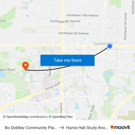 Bo Diddley Community Plaza to Hume Hall Study Room map