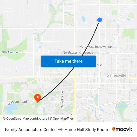 Family Acupuncture Center to Hume Hall Study Room map
