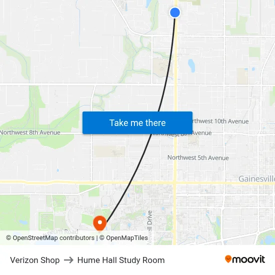 Verizon Shop to Hume Hall Study Room map