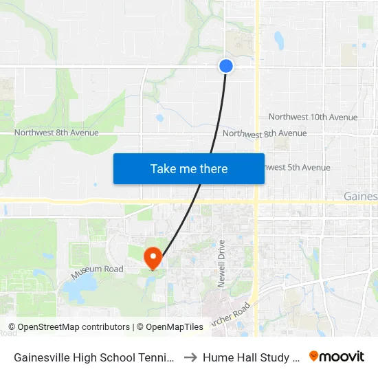 Gainesville High School Tennis Courts to Hume Hall Study Room map