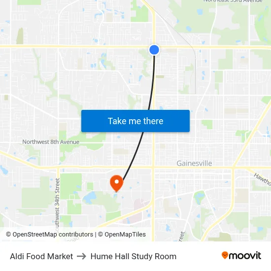 Aldi Food Market to Hume Hall Study Room map