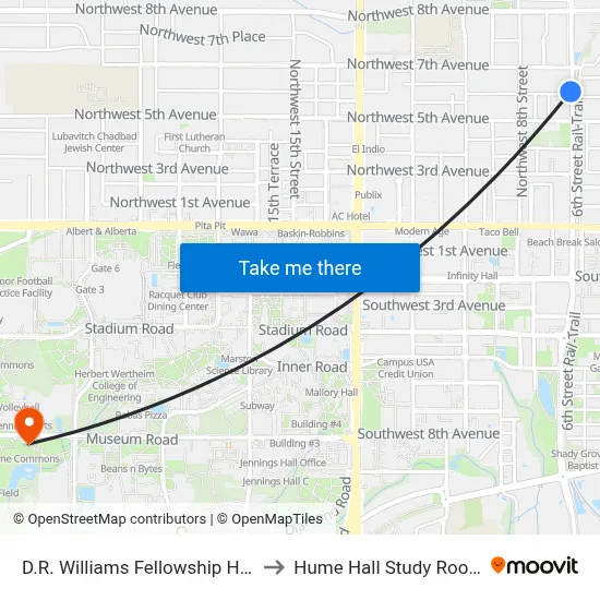 D.R. Williams Fellowship Hall to Hume Hall Study Room map