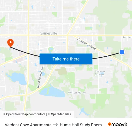 Verdant Cove Apartments to Hume Hall Study Room map