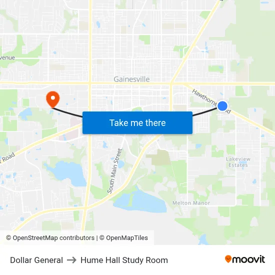 Dollar General to Hume Hall Study Room map