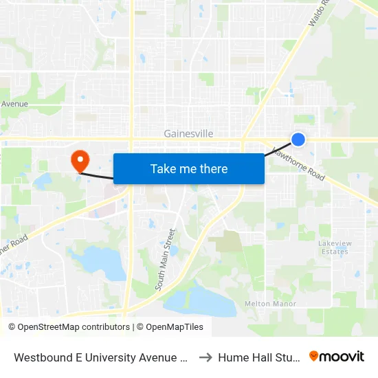 Westbound E University Avenue @ SE 21st Street to Hume Hall Study Room map