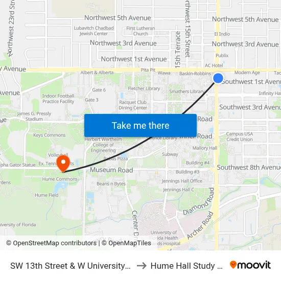 SW 13th Street & W University Avenue to Hume Hall Study Room map