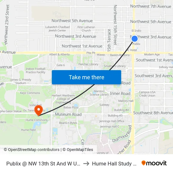 Publix @ NW 13th St And W Univ Ave to Hume Hall Study Room map