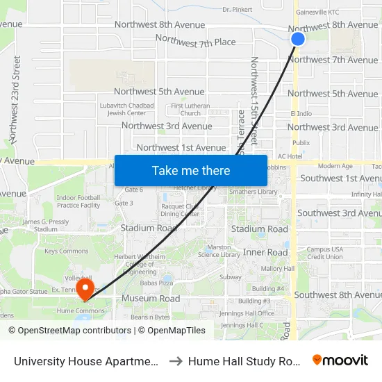 University House Apartments to Hume Hall Study Room map