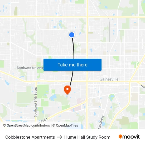 Cobblestone Apartments to Hume Hall Study Room map
