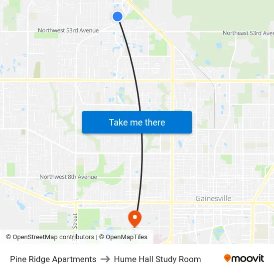 Pine Ridge Apartments to Hume Hall Study Room map