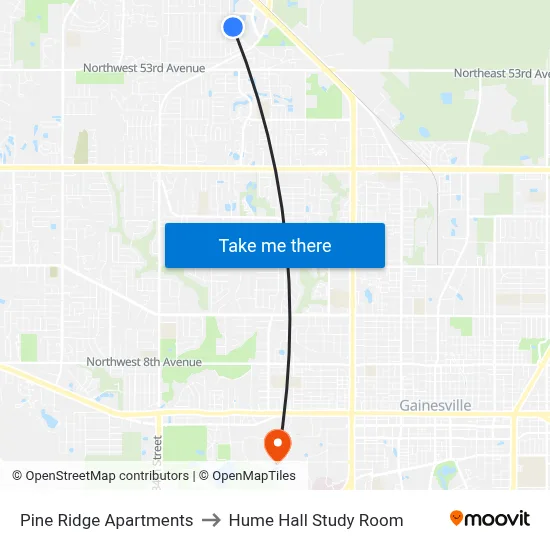 Pine Ridge Apartments to Hume Hall Study Room map