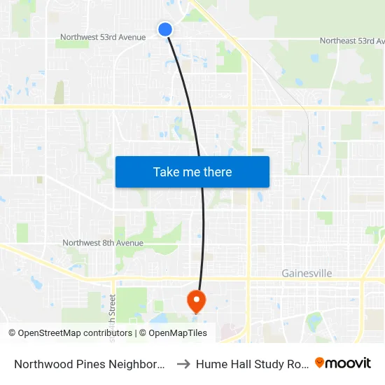 Northwood Pines Neighborhood to Hume Hall Study Room map